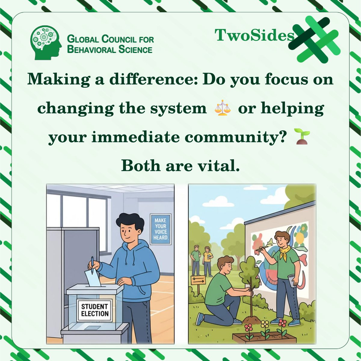 GcbsSocials's tweet image. Making a difference: Do you focus on changing the system ⚖️ or helping your immediate community? 🌱 Both are vital.

#GCBS #TwoSides #StudentLeadership #CommunityService #SocialChange