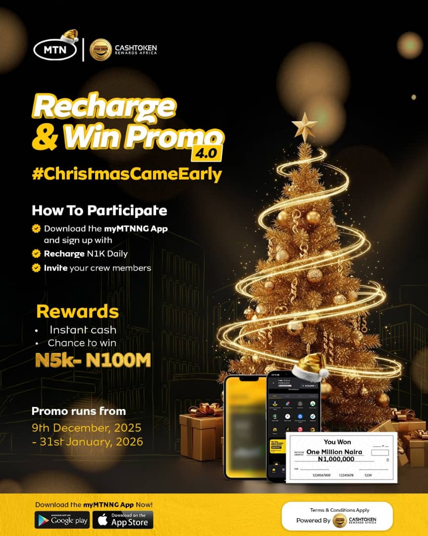 MTNNG's tweet photo. This season, recharging pays differently. 
myMTNNG Recharge &amp; Win Promo 4.0 is back and bigger.

Recharge on myMTNNG App, enjoy instant cash rewards, and stand a chance to win millions in weekly draws.
Recharge, get rewarded, and start winning now! https://t.co/7U8vRL7ALO