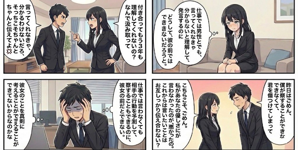 lifehuck2225's tweet image. もし、悩んでいるなら、一度立ち止まってください。
恋愛でも結婚した関係でも、女性は「言わなくても察してよ」と彼氏を責め、彼氏が「言わなきゃ分からんと」と怒って反論するケースをよく見ます。
はっきり言いますが、男性は女性の3倍は鈍感です😅…