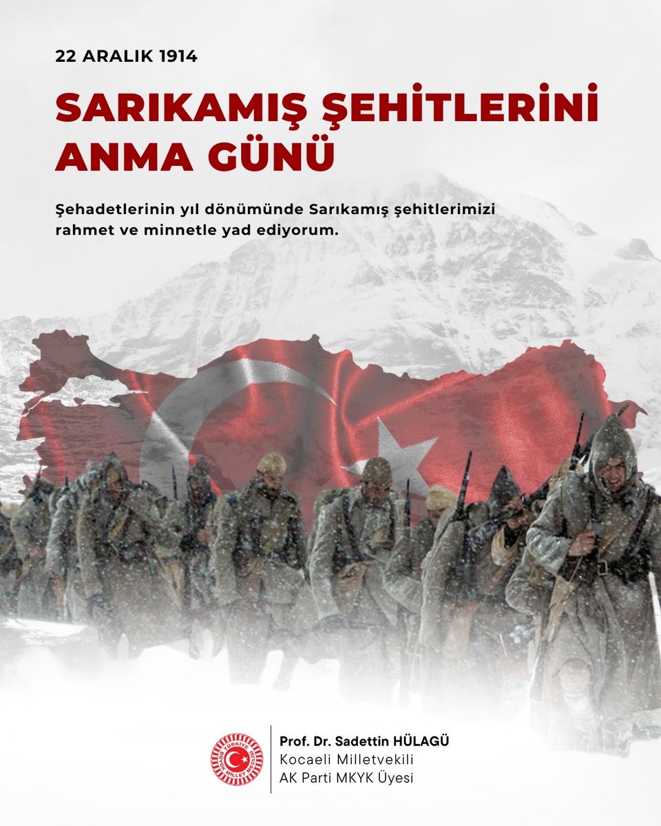 111 yıl önce, en zorlu şartlar altında Sarıkamış Harekâtı’na katılan; her türlü imkânsızlığa rağmen geri adım atmadan şehadete yürüyen kahraman ecdadımızı rahmet, minnet ve saygıyla anıyoruz.
Aziz hatıraları önünde saygıyla eğiliyoruz.
#Sarıkamış 🇹🇷
