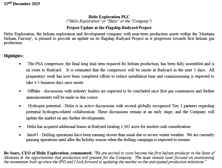 Helix Exploration update this morning, not a good one.

1. Inez well delayed due to weather issues, will result in a lot of additional cost.
2. Offtake agreement first after first gas, proves that buyer don't have enough faith in that #HEX can deliver consistent supply.
3.
