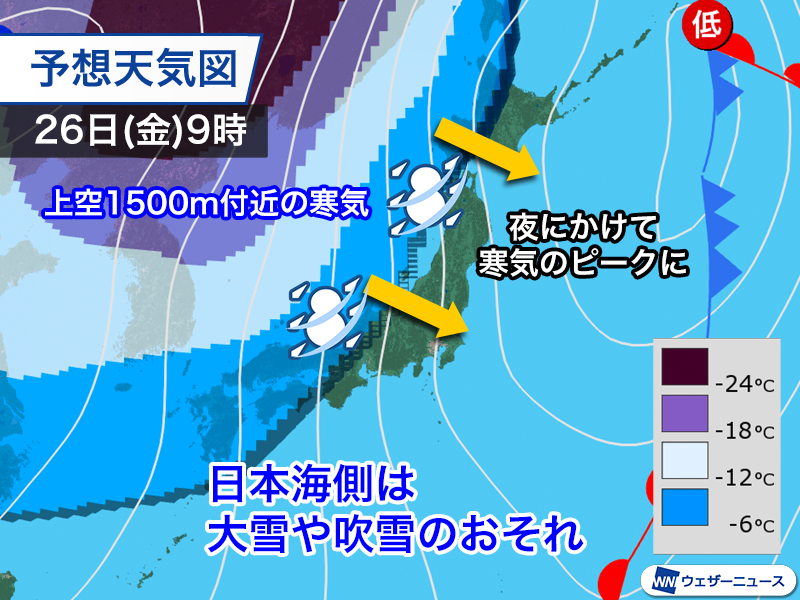 週後半は大雪と極寒＞ 26日(金)頃は冬型の気圧配置が強まり、日本海側