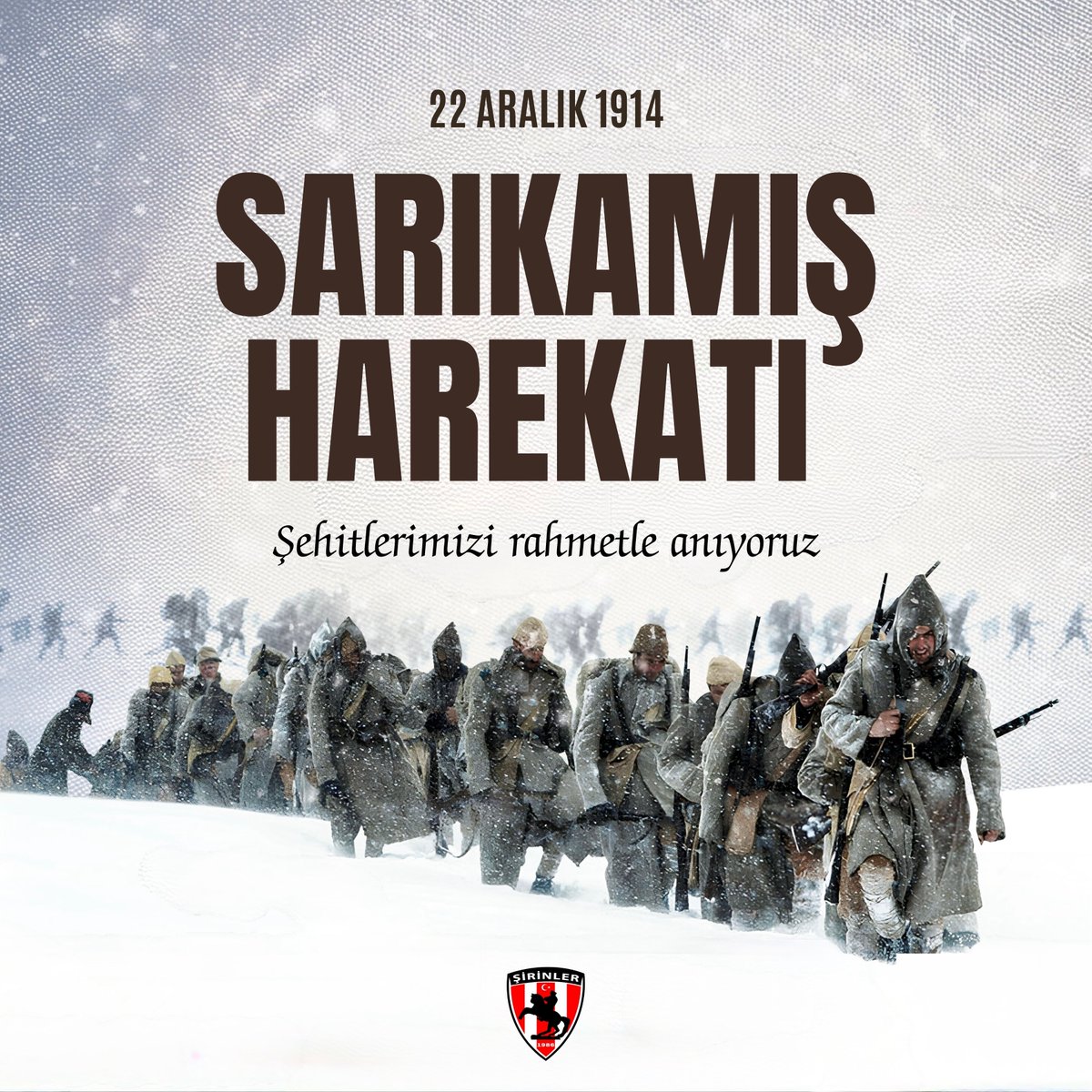 Sarıkamış Harekâtı’nın 111’inci yıl dönümünde,
geri dönmeyi hiç düşünmeyen aziz şehitlerimizi saygı, rahmet ve minnetle anıyoruz.

Ruhunuz şad, mekânınız cennet olsun.. 🇹🇷