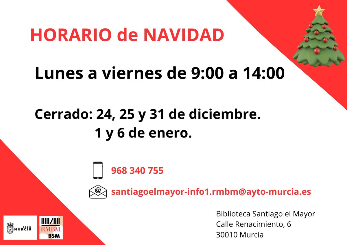 Horario de Navidad 🤶🎄
<a href="/RMBM17/">RMBM</a>
<a href="/AytoMurcia/">Ayuntamiento de Murcia</a>
<a href="/SantiagoMayorJM/">Junta Municipal Santiago el mayor</a>
<a href="/AVRondaSurMurci/">AV Ronda Sur Murcia</a>
<a href="/AAVVsantiagoel1/">AAVVsantiagoelmayor</a>