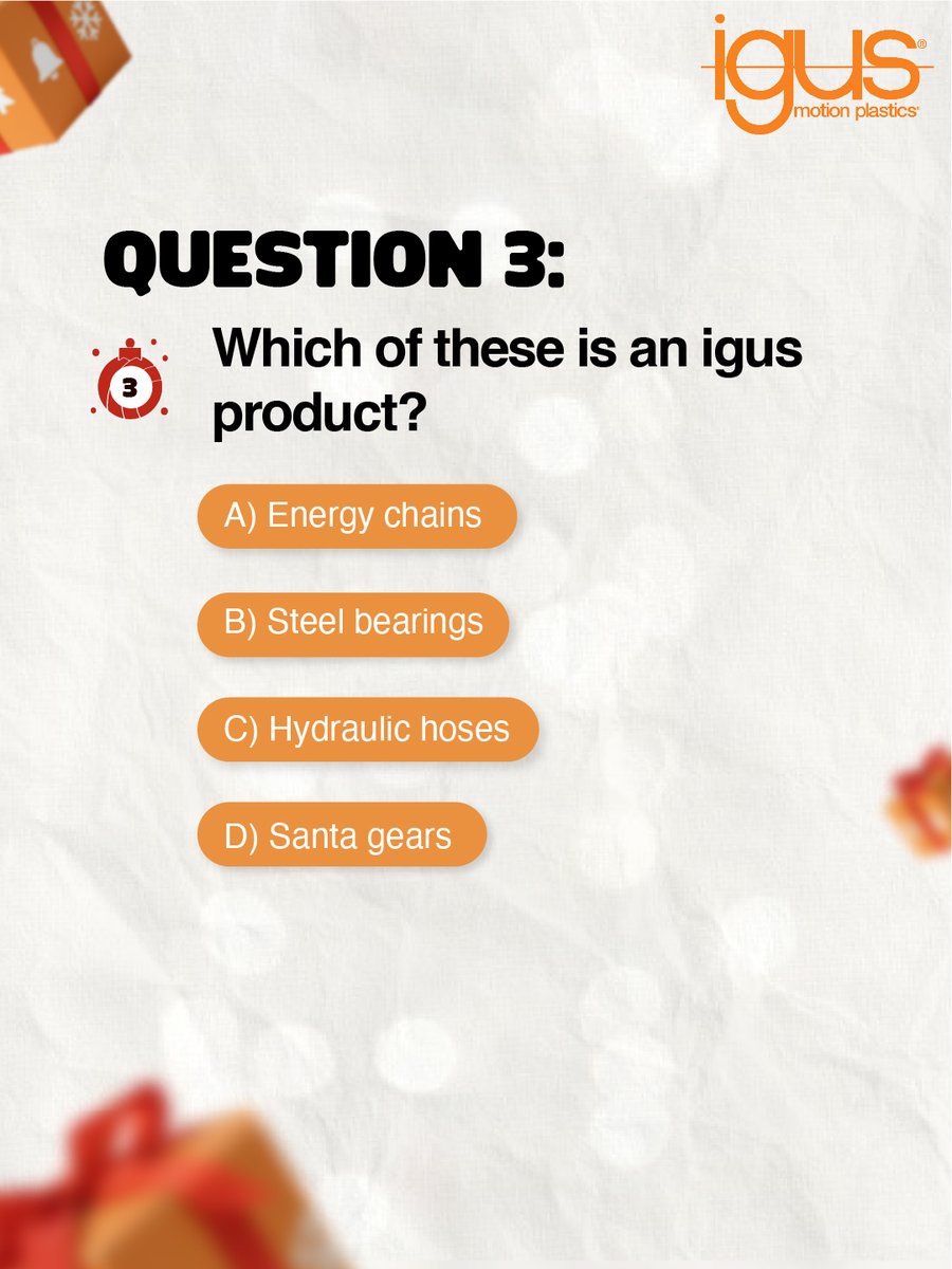 Question 3 is live!
One more step closer to the final reveal.

Answer right, engage with the post, and stay tuned — winners will be announced on 24th December 

#igusChristmasChallenge #QuizTime #EngineeringFun #HolidaySpecial #igusIndia #ContestAlert