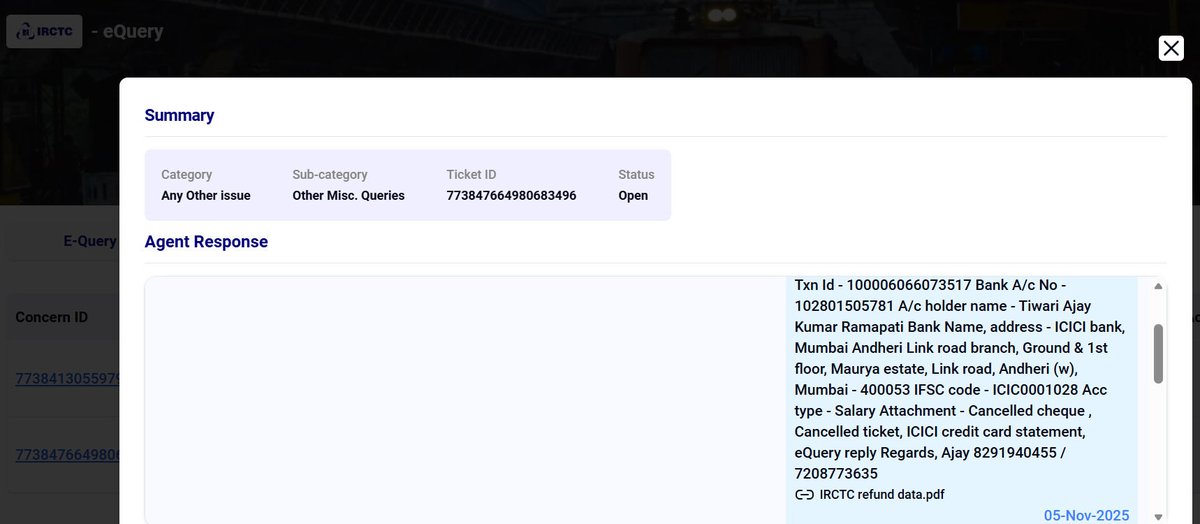 Art_onlyAjay's tweet photo. IRCTC team, I have cancelled my train ticket on 15th Oct 2025 and since then following up writing emails, e-query for refund but nothing moving.  
Finally I have to takeup this thru X.
@RailMinIndia @IRCTCofficial @WesternRly @AshwiniVaishnaw @@RailwaySeva @RailMadad https://t.co/KaTO9QNecV