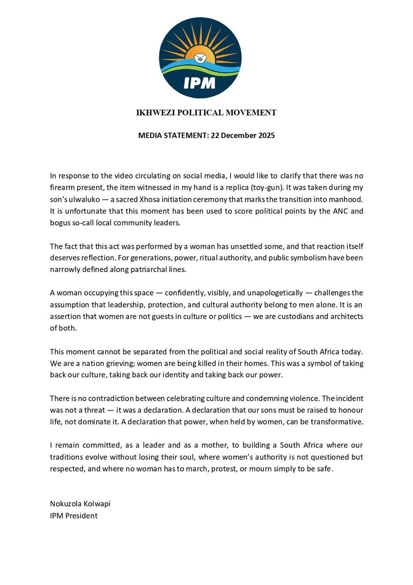 MrCow_man's tweet image. Ikhwezi Political Movement leader, Nokuzola Kolwapi has reacted to a video depicting her discharging a firearm. She says it was a toy gun and the incident was not a threat to anyone but "a declaration that power, when held by women, can be transformative"

#sabcnews