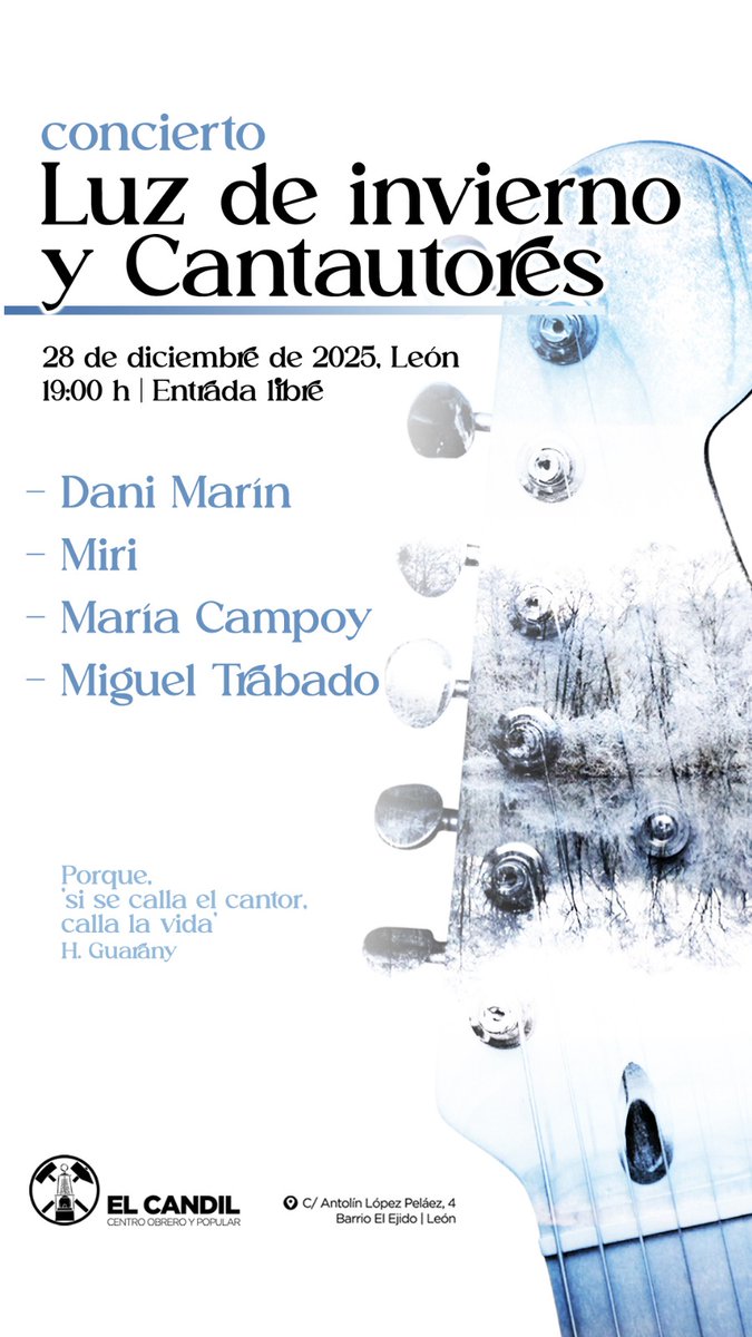 Llega al Candil el Concierto de Luz de Invierno y Cantautores.
Este domingo 28 de diciembre a partir de las 19:00h contaremos con la música de:
- DANI MARÍN 
- MIRI
- MARIA CAMPOY
- MIGUEL TRABADO 
Os esperamos para disfrutar de su música y brindar  por el nuevo año.