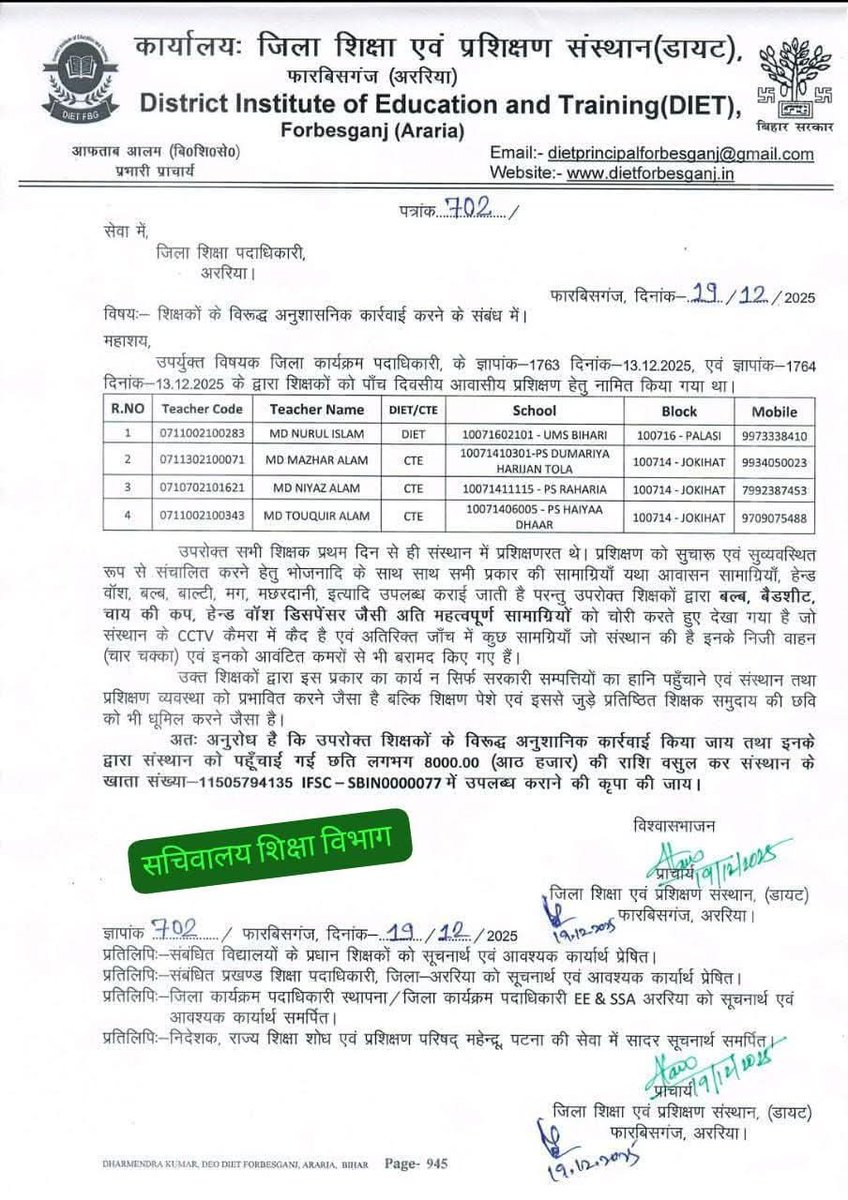 ये होती है कौम 

 अररिया बिहार

कुछ लोगों का चयन शिक्षक के पद पर हुआ और उनकी ट्रेनिंग चल रही थी 

ट्रेनिंग  सेक्टर में मोहम्मद नुरुल इस्लाम मोहम्मद मजहर इस्लाम मोहम्मद नियाज आलम और मोहम्मद तौकीर आलम को चाय के कप हैंड वॉश डिस्पेंसरी बल्ब और बेडशीट चुराते पकड़ा गया और उनके कमरे की