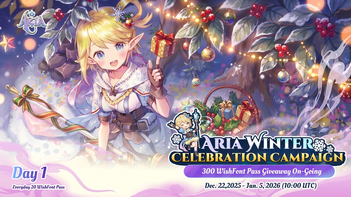 PlayAriaGame's tweet image. 🎄 AriaAI Winter Celebration Campaign is LIVE! 🎄

🎁 Reward Pool: 300 Wishfont Passes
📅 Duration: Dec. 22,2025 - Jan. 5, 2026
✨ Daily Rewards:
10 lucky winners every day, w/ 2 Wishfont Passes per winner

🎯 How to Join

1️⃣ Like + Retweet + Comment on AriaAI’s daily giveaway…