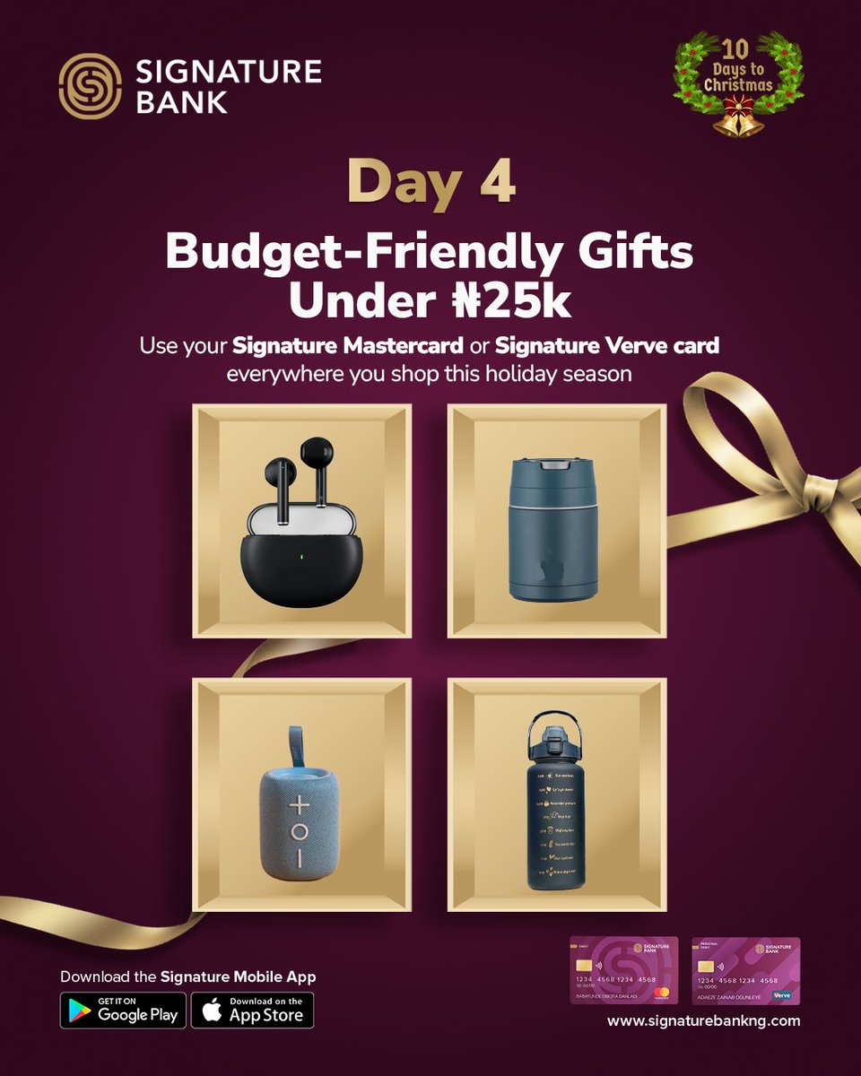 Signaturebankng's tweet photo. There’s something about December that makes gifting even more exciting.
If you're planning a simple exchange or surprising someone just because, these picks under ₦25,000 bring the right mix of style and usefulness perfect for the festive mood.

Season's Greetings.

#SignatureBankNG #MakeYourMark #10DaysOfChristmas