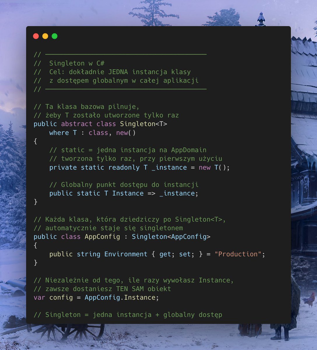 Hejciaaaaaaa ziomeczki 👋 dziś już piąty dzień codemasu 👀

Singleton to wzorzec, który gwarantuje istnienie tylko jednej instancji obiektu
i daje do niej globalny dostęp w całej aplikacji.

Używa się go tam, gdzie:
– obiekt ma być jeden i wspólny dla całego systemu,
– trzyma