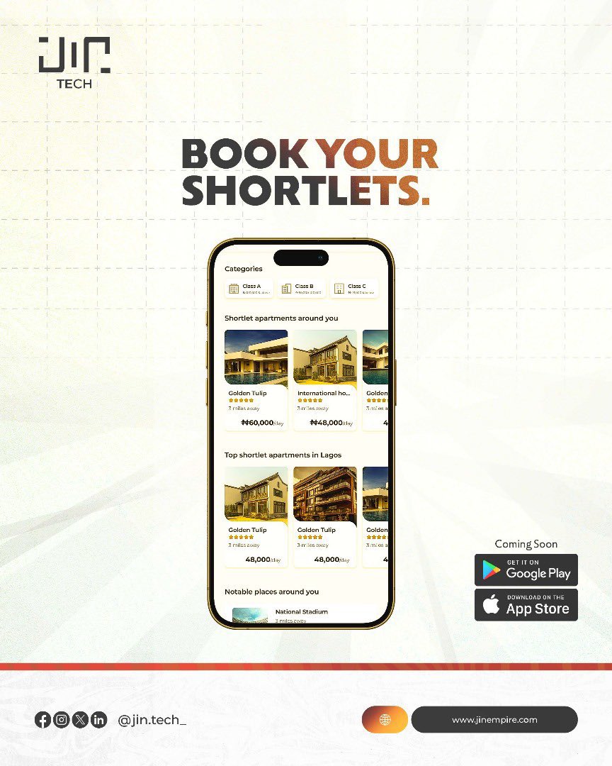 Jintech_'s tweet photo. Will you be traveling soon? 🤗 Vacation, business trip, or just the weekend? Then, you should take the Lifestyle app with you to book your shortlets easily without stress.🤗 How can you get it? Join the waitlist at https://t.co/4cTPQKGT0g✅.

Lorraine Afcon Tax Monday https://t.co/TxTbmoc5cB