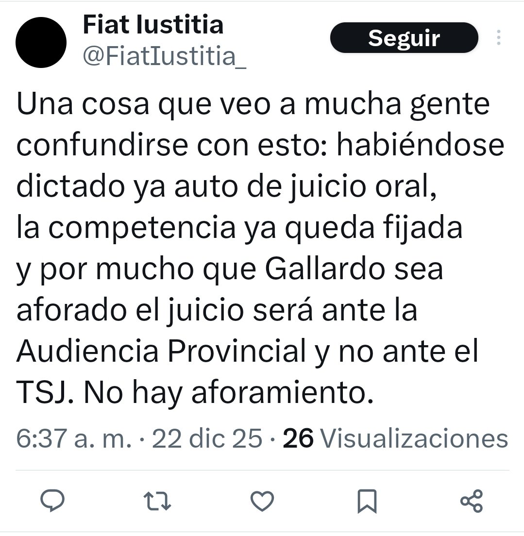 CristinaGR64's tweet image. Buenos días. ¿Puedes aclararme una duda?
Leo distintas opiniones en cuanto a lo del aforamiento.
Algunos afirman que al haberse dictado ya auto de juicio oral, la competencia ya queda fijada en la AP, y no ante el TSJ.
¿Es así?
x.com/i/status/20029…
