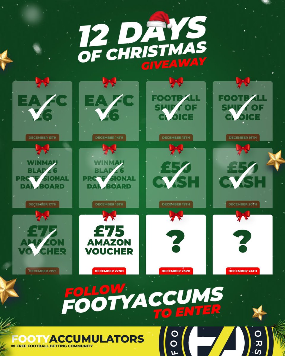 FootyAccums's tweet image. DAY 10 OF OUR 12 DAYS OF GIVEAWAYS! 🚨

WIN A £75 AMAZON VOUCHER! 💰

RETWEET &amp;amp; FOLLOW TO ENTER! ✅

Winner picked TONIGHT @ 10pm - good luck! 🙏