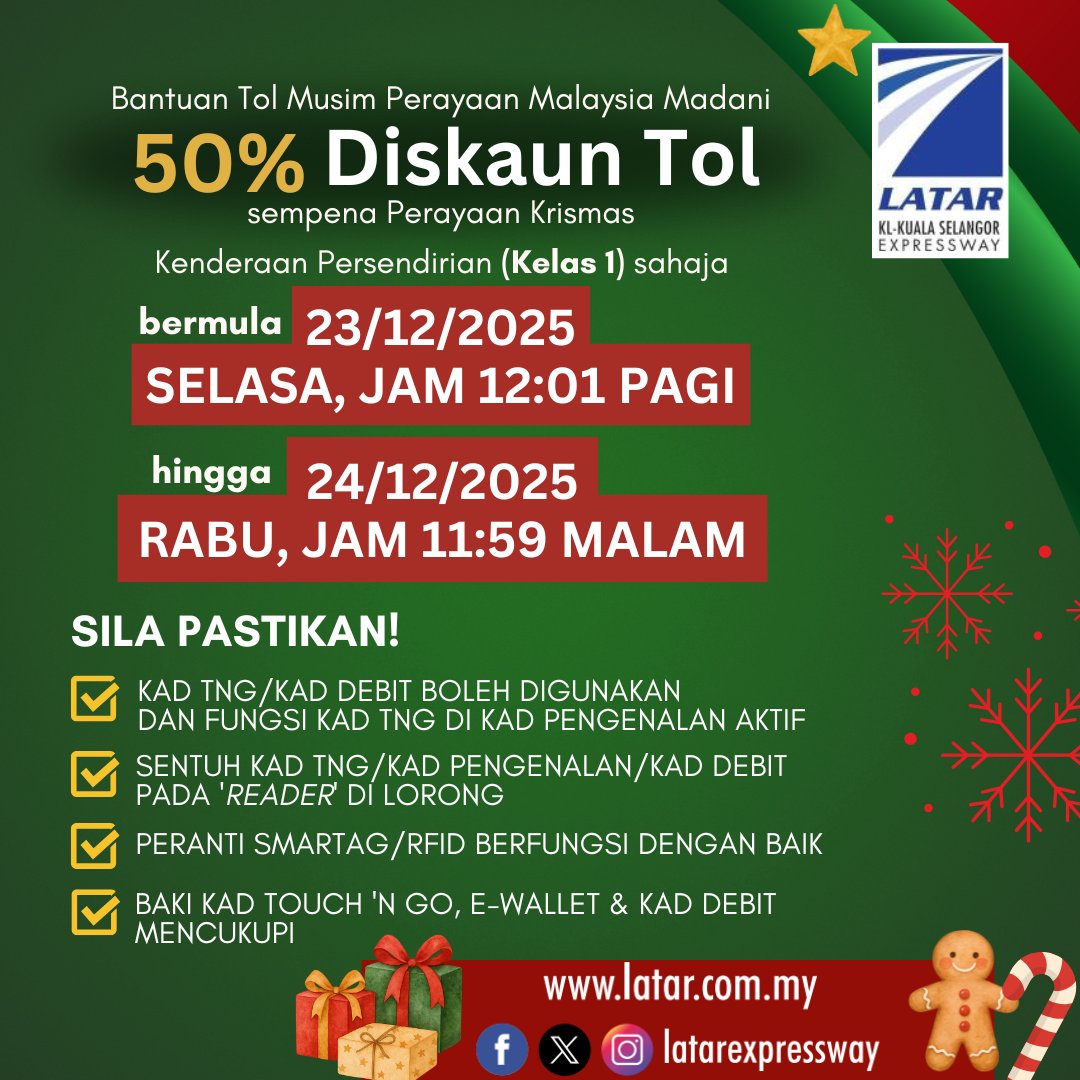 Nikmati Diskaun Tol 50% sempena Perayaan Krismas, bermula tengah malam ini! 
Terpakai untuk Kenderaan Persendirian (Kelas 1) sahaja.
Mula 23/12/2025 (Selasa), 12:01 pagi
hingga 24/12/2025 (Rabu), 11:59 malam
#DiskaunTol #Krismas2025 #MalaysiaMADANI #LATARExpressway #LATARPrihatin