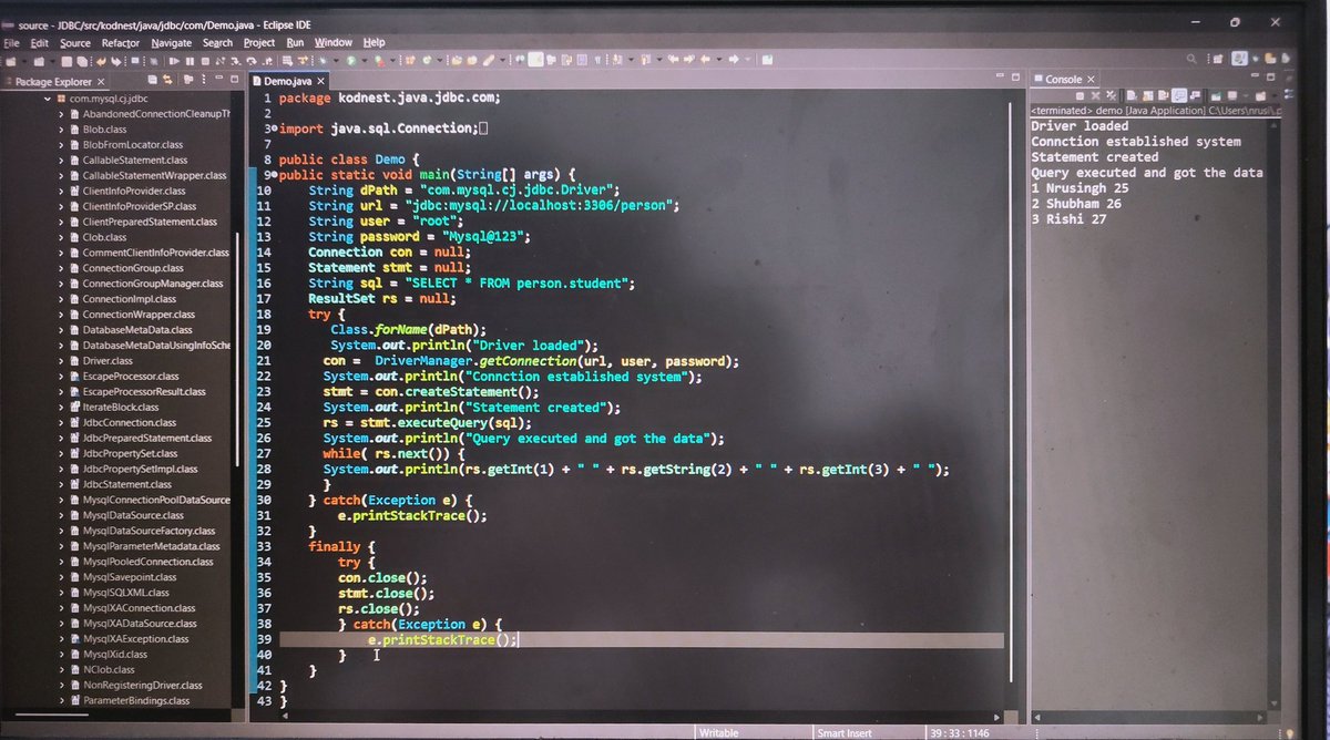 Nrusingh_p2023's tweet image. From Class.forName() to ResultSet.next() ✅
JDBC + MySQL working smoothly.
Small step, big backend energy 💻
#JavaDev #JDBC #LearningInPublic