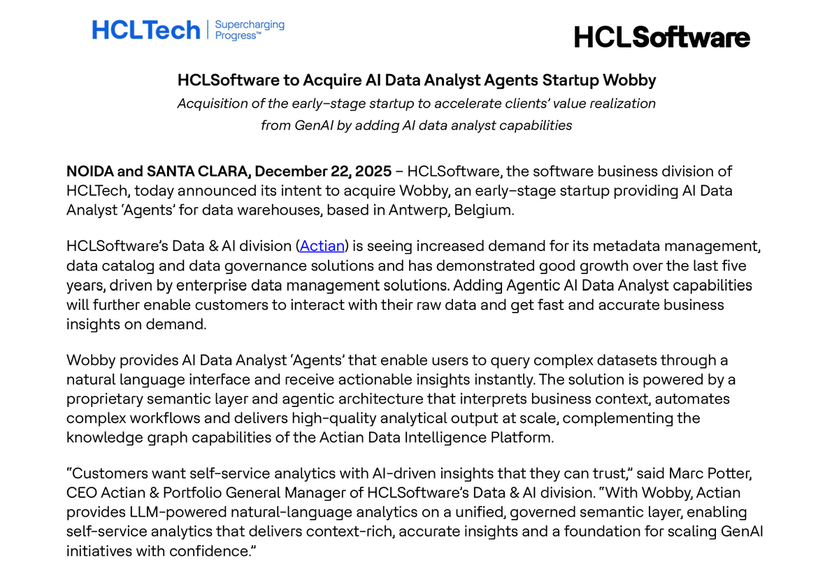 sai_ishwarb's tweet photo. JUST INπ¨π¨π¨: #HCLTech acquires #AI agents #startup #Wobby for β¬4.5 million ($5.3 million) in an all-cash deal. The Belgium-based startup acquisition is expected to close by Feb. https://t.co/WLId2hjTXD