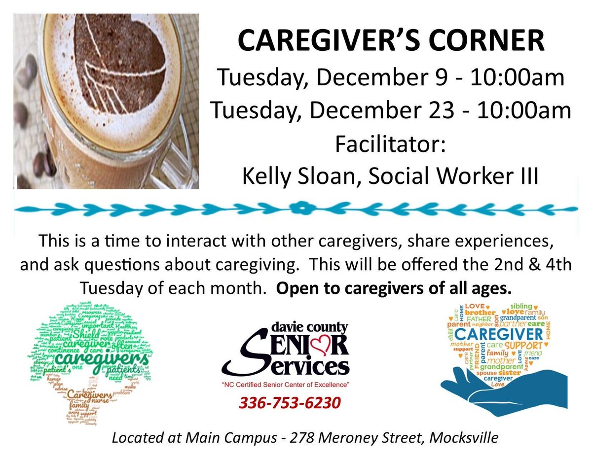 Davie County Senior Service’s Caregiver’s Corner is happening tomorrow, Dec. 23rd at 10am.

To learn more about this event, contact Senior Services at 336-753-6230.