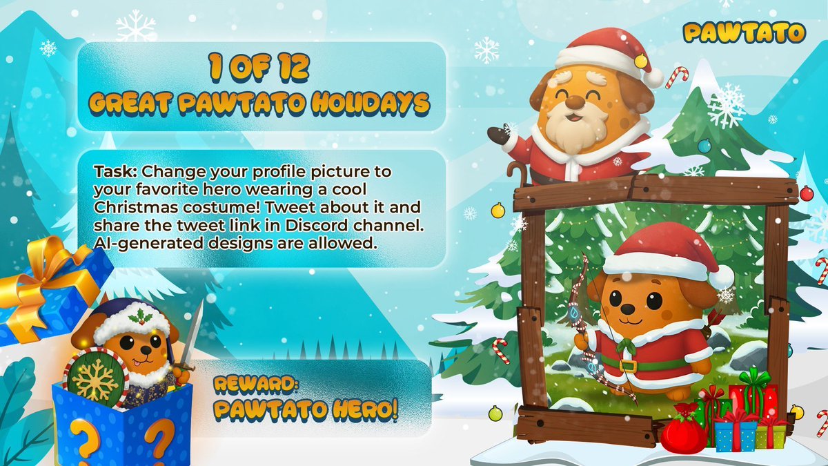 PawtatoFinance's tweet image. 🎄 𝟭 𝗼𝗳 𝟭𝟮 𝗚𝗿𝗲𝗮𝘁 𝗣𝗮𝘄𝘁𝗮𝘁𝗼 𝗛𝗼𝗹𝗶𝗱𝗮𝘆𝘀  🎁

𝗧𝗮𝘀𝗸: Deck your Pawtato Hero! 

𝗥𝗲𝘄𝗮𝗿𝗱: Pawtato Hero 🏆
𝗡𝗼 𝗼𝗳 𝗪𝗶𝗻𝗻𝗲𝗿𝘀: 3

Make sure to tag @PawtatoFinance and submit your tweet link in the 𝘿𝙚𝙘𝙠 𝙮𝙤𝙪𝙧 𝙝𝙚𝙧𝙤 𝙘𝙝𝙖𝙣𝙣𝙚𝙡 on Discord…
