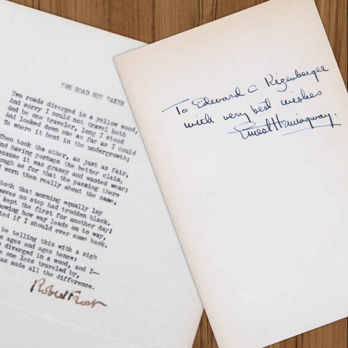 WeissAuctions's tweet photo. 2025 author autograph highlights:

F. Scott Fitzgerald signed leaf - $5,310
Robert Frost signed “The Road Not Taken” - $2,478
Ernest Hemingway signed Green Hills of Africa - $10,620 https://t.co/z29n4z72bm