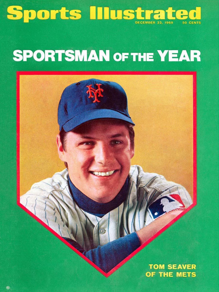 NYMhistory's tweet image. 12/22/1969 Tom Seaver is named Sports Illustrated’s Sportsman of the Year. In 1969, Seaver led MLB with 25 victories, pitched to a 2.21 ERA, and struck out 208 batters. He was also named the National League Cy Young Award winner and won a World Series championship.