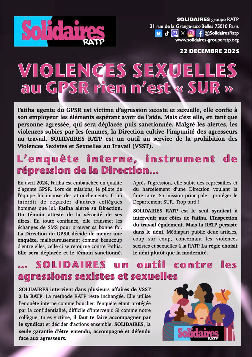 L’enquête interne #RATP #GPSR contre les #VSST est un outil qui protège la Direction et cultive l’impunité au travail. Face aux violences sexistes et sexuelles, SOLIDAIRES RATP un outil au service des victimes
▶️ Article #MEDIAPART  mediapart.fr/journal/france…