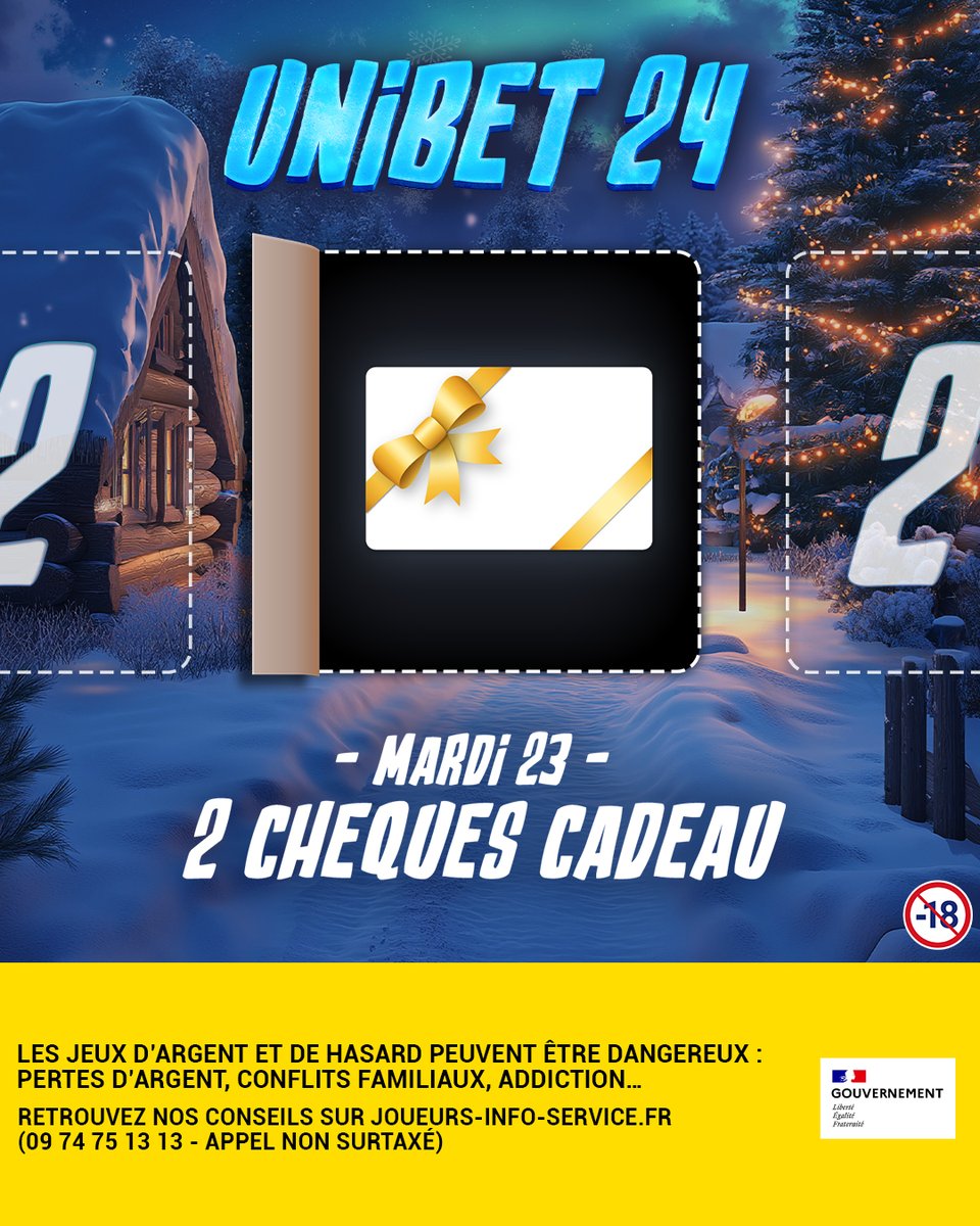 UnibetFrance's tweet image. 🎄 𝗖𝗔𝗦𝗘 𝟮𝟯 - 𝗨𝗡𝗜𝗕𝗘𝗧 𝟮𝟰 ❄️

🎟️ On régale avec 2 chèques cadeaux d'une valeur de 100€ à gagner !

👉 RT + Follow @UnibetFrance + #Unibet24