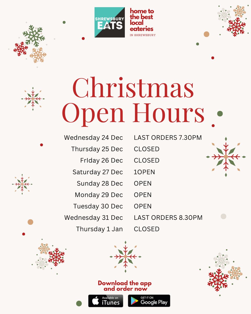 🎄 Hungry this Xmas? Shrewsbury Eats is open, but last orders wait for no one! ⏰ Check hours &amp; don’t miss out on festive feasts 🍔✨ 

#ShrewsburyEats #DontMissOut