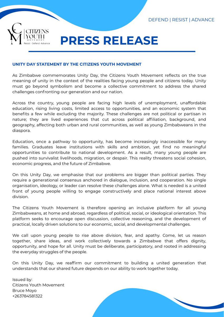 Citizens Youth Movement standing tall for a brighter and an equal opportunity for all Zimbabwe!! A combination of Unity, hope  and action equates to our power. Let’s unite, break barriers and build a future that works for all. 

#UnityDay #ZimFuture #YouthRise