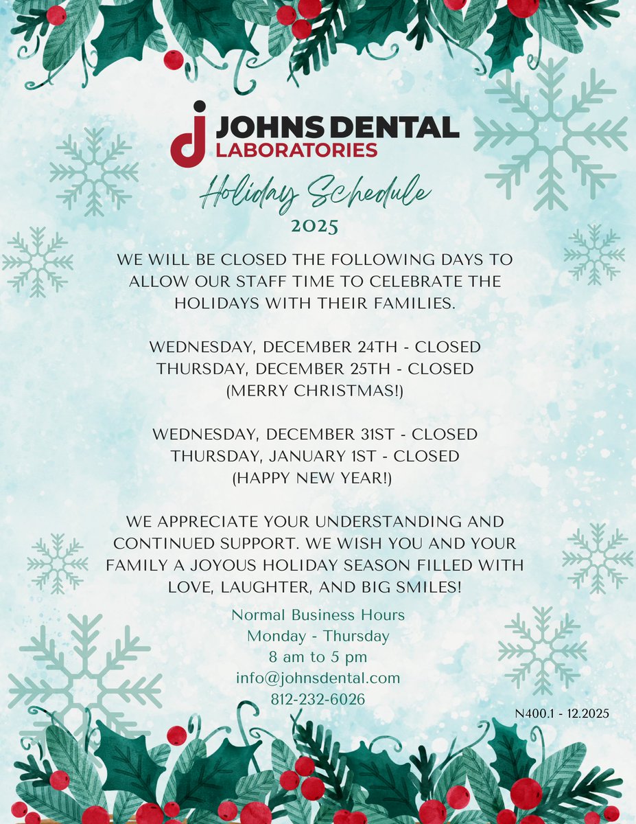 JohnsDentalLab's tweet photo. Happy Holidays, All! As a reminder, we will NOT be open Wednesday, December 24 or Thursday, December 25. We will return Monday, December 29 and Tuesday, December 30 before another break for Wednesday, December 31 and Thursday, January 1! We will return to on Monday, January 5! https://t.co/Pz5yxRvMmu