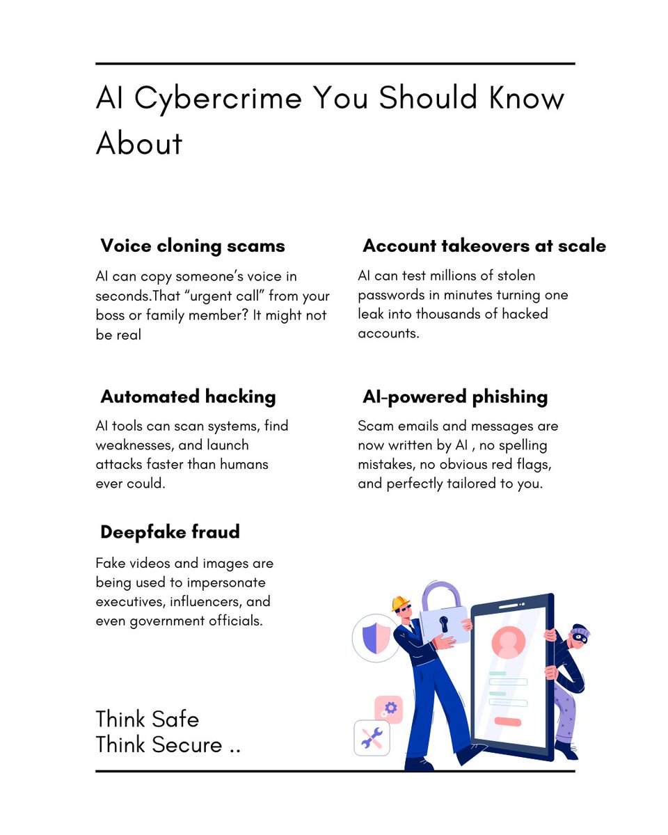 AI is now being used to automate phishing, scams, and impersonation attacks.
Cybercrime is evolving  fast.
Awareness is the first line of defense. 🔐