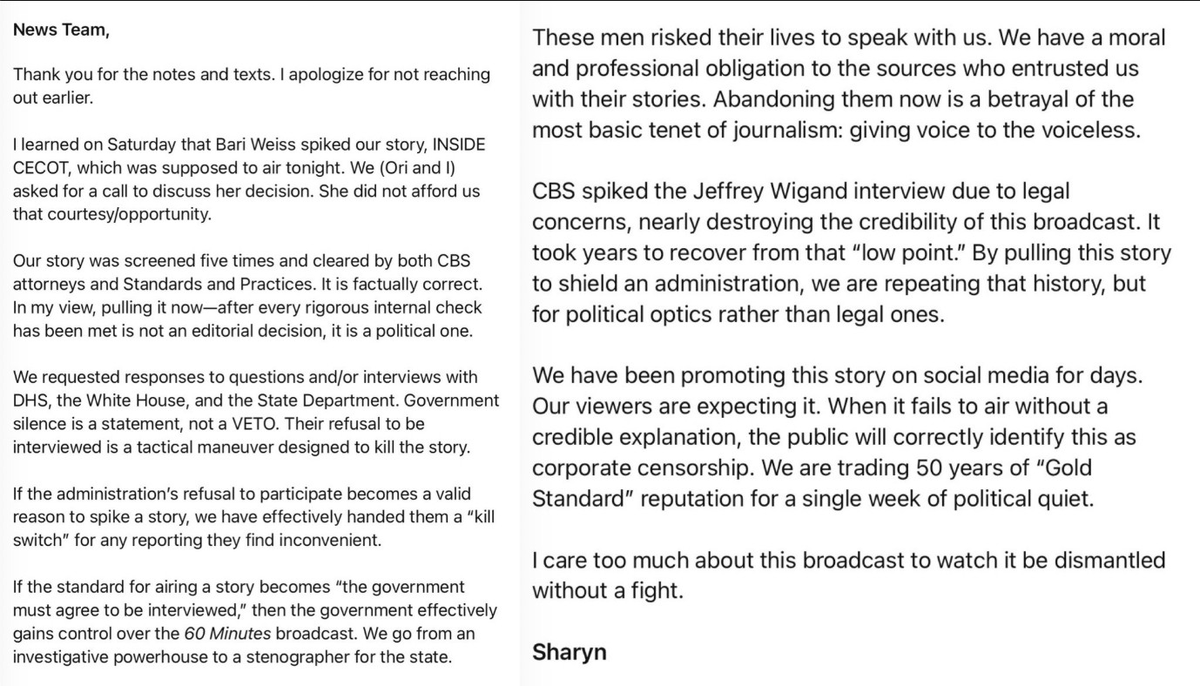 💡 Pour motifs politiques, <a href="/CBSNews/">CBS News</a> supprime un reportage sur les déportations illégales de non-criminels vers un camp de concentration au Salvador.
Pas surprenant depuis la prise de contrôle de la chaîne par Bari Weiss.

'Democracy dies in darkness' et CBS a éteint la lumière !