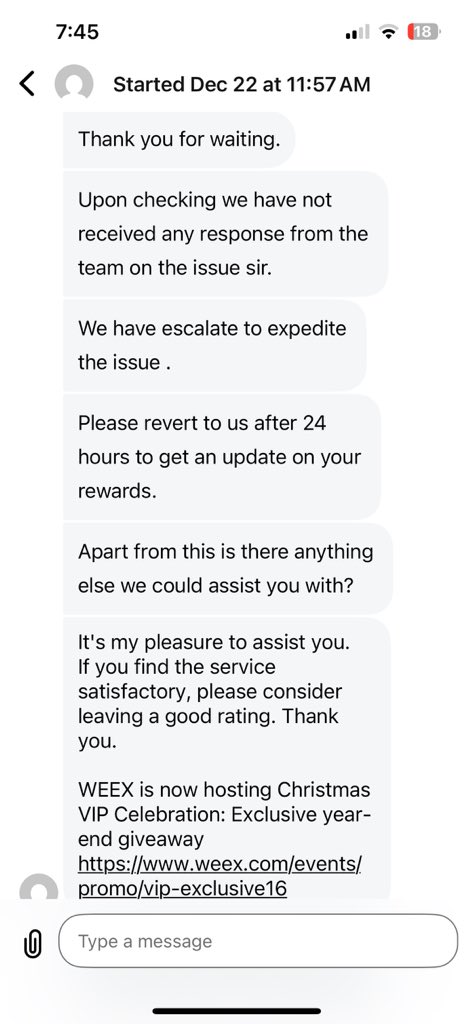 <a href="/WEEX_Official/">WEEX</a>  Gave me a new user task to checkin futures trade daily for 7 days.

But on the seventh day after I completed futures trade and check in the promo disappeared

I tried to contact their costumer support but evert time they’re saying is wait for 24 hours from 9 days