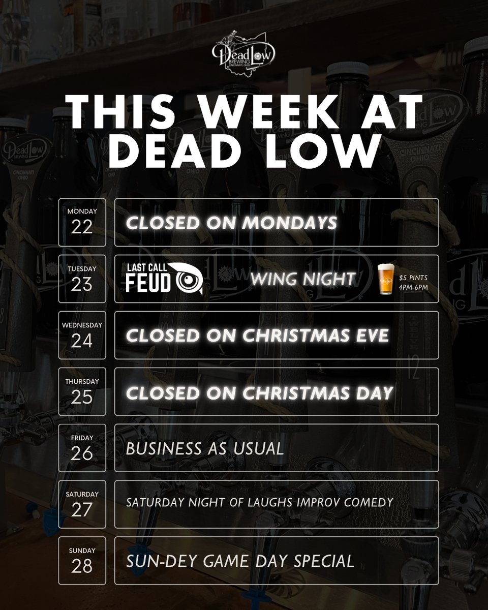 This week at Dead Low Brewing! 🍻 

Tuesday: Feud Night
Wednesday: Closed
Thursday: Closed 
Saturday: Improv Comedy
🎟️: eventbrite.com/e/saturday-nig…