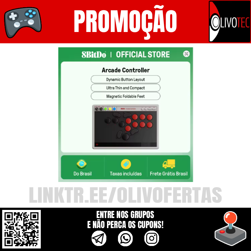 🚨 Controle Arcade 8bitdo Switch 1&amp;2, PC

🎫 Use o cupom: BRMARCA2

- Preço COM cupom: R$470 &amp; FRETE GRÁTIS 

- Link de Compra:
s.click.aliexpress.com/e/_mK6hA89

- Entre nos nossos Grupos:
linktr.ee/olivofertas