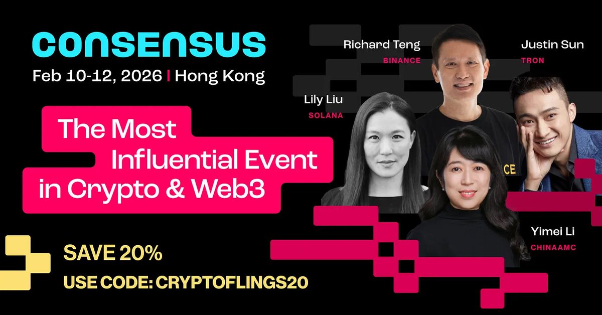 crypto_flings's tweet photo. Consensus Hong Kong 2026 is shaping up to be one of those events people regret missing. The rooms, the timing, the people — all lining up. Feb 10–12, 2026 🇭🇰

https://t.co/6o38WGjB0l https://t.co/E5NN2wo37w