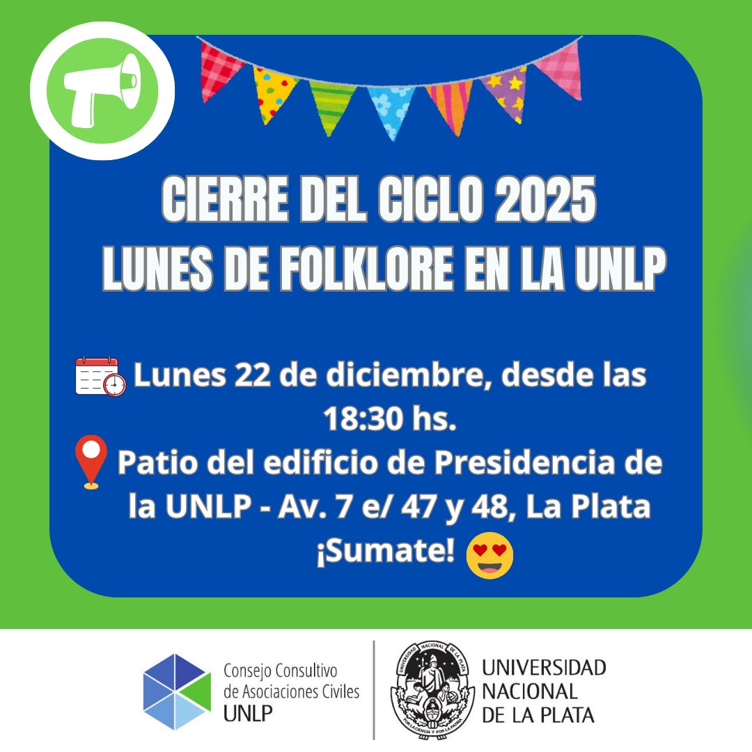 📢 Hoy a las 18:30 hs.: Cierre del ciclo 2025 Lunes de Folklore en la <a href="/unlp/">UNLP</a>. 💃🕺💙
Después de un precioso año de clases, prácticas y amistad, queremos compartir con ustedes un encuentro especial.
🥰
