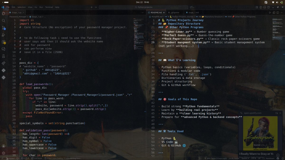42_ALCHEMAX's tweet image. Semester ends… back to coding after months 🚀
 
Stage 1 completed ✅
Password Manager in Python (add, view, validation, JSON storage).

Working on Stage 2 → Hashing &amp;amp; Encryption 🔐
#BuildInPublic #PythonLearning