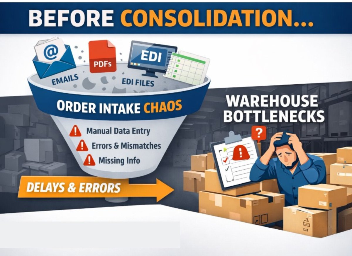 ArtsylTech's tweet image. Order consolidation looks great on paper - until orders arrive as PDFs, emails, EDI files, and spreadsheets. Before you can consolidate shipments, you must consolidate order data. artsyltech.com/solutions/Orde…

#OrderConsolidation #OrderProcessing #SupplyChain #ERP #Automation