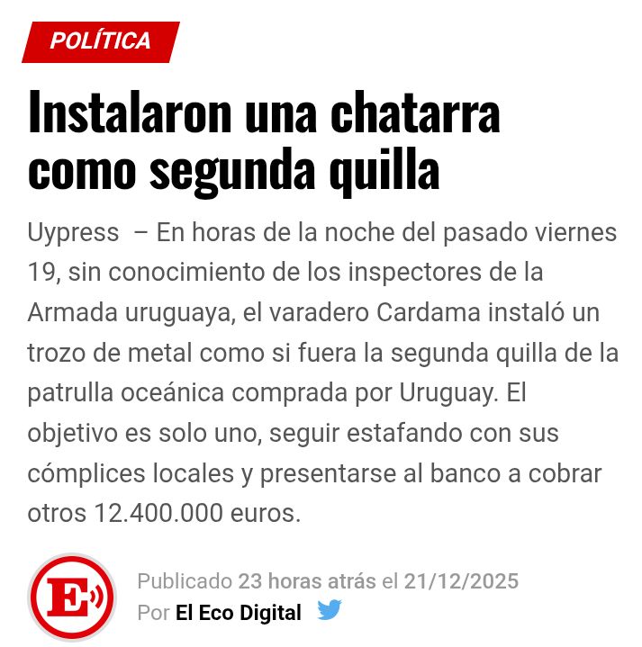 Cardama se quedó sin plata y necesita engañar al gobierno para recibir otra cuota. El problema es que este trabajo se hace luego de comprobar que el barco flota y todavía está sobre los soportes en el astillero. Siguen mintiendo porque saben que el herrerismo los defiende.