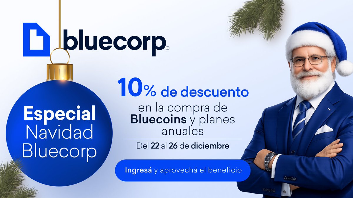 BlueCorpSoft's tweet image. Especial Navidad BlueCorp del 22 al 26 de diciembre, aprovechá nuestro beneficio:

✨ 10% de descuento en:
🔹 Planes anuales y compra de BlueCoins sin plan anual

BlueCorp te acompaña a profesionalizar tu estudio, siempre. bluecorp.com.ar/Calcular