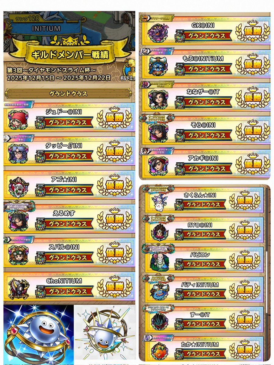 RYODQT1's tweet image. 💎第3回グランドトーナメント💎
“INITIUM”では過去最高の17名がグランドクラスで優勝できました🎉
キツ過ぎるマッチングに嘆いたり、INIメン同士の決勝戦でグルチャが盛り上がったりと今大会もみんなで楽しめました🥳🎶
普段PvPではあまり見ない猛者がゴロゴロいたのが印象的でした…😱w
#INITIUM