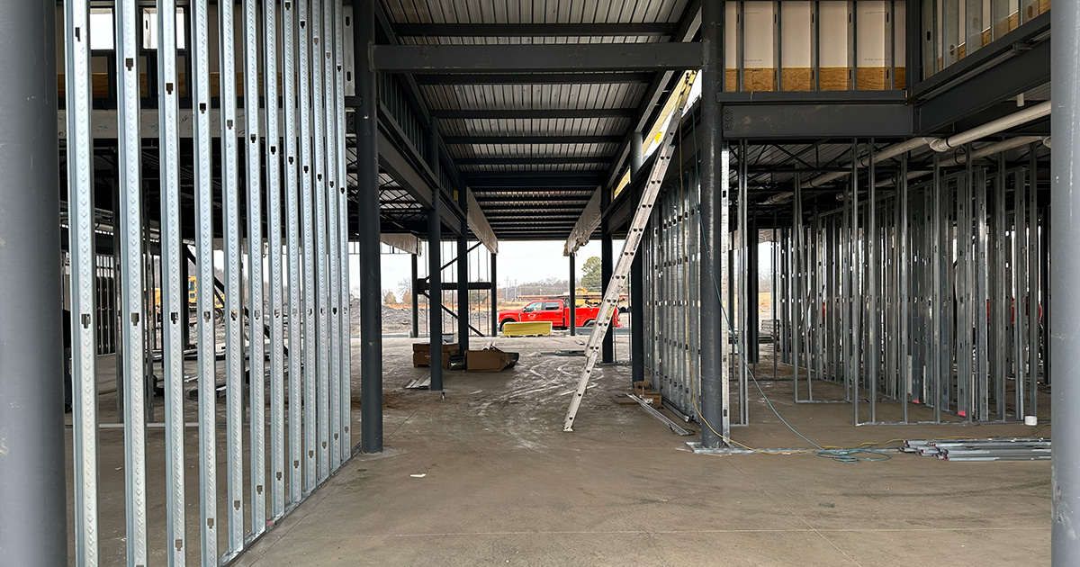 MAHGarch's tweet photo. Construction Update! : Great progress at the future Sebastian County  Library in Greenwood! The exterior shell is taking form, roofing is  being installed, and interior metal studs are progressing nicely. How  about that sleek looking South Elevation! #mahgarch #publiclibrary https://t.co/HbrBoJW8tj