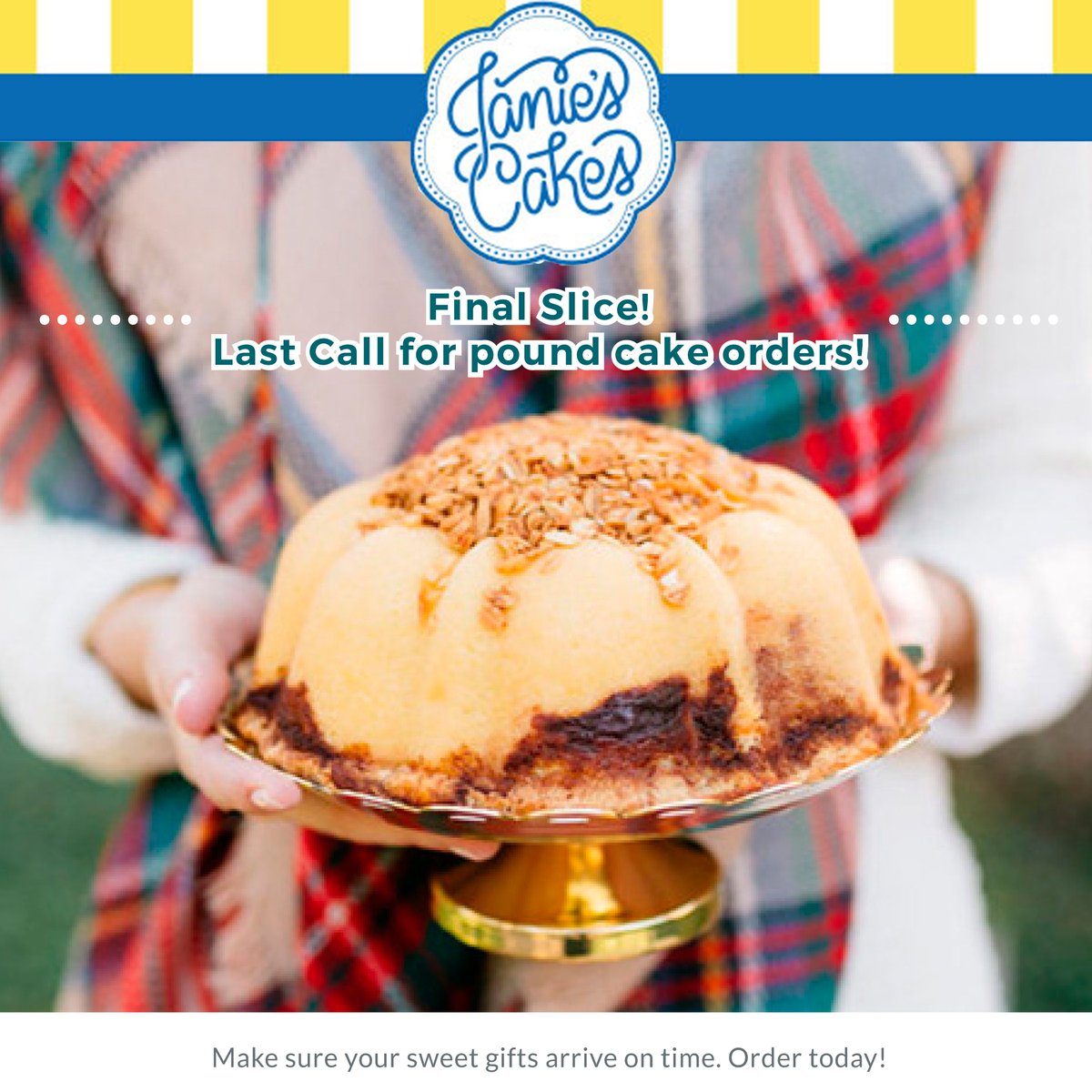 Make sure your sweet gifts arrive on time. Order today!

Select Mon, Dec 22 for standard shipping.
Or Tues, Dec 23 for overnight shipping.
*daily shipping order cut off time is 1:30PM CT
janiescakes.com/collections/ch…

*we will be closed for our annual holiday break Dec 24 - Jan 2.
