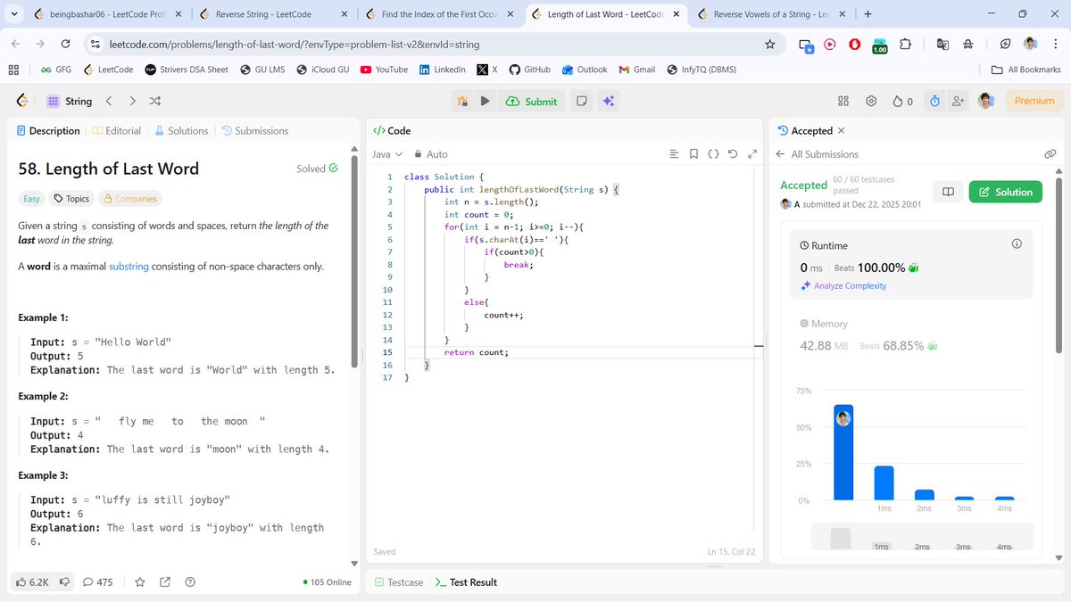beingbashar06's tweet image. 🚀 #Day12 of #100DaysOfCodeChallenge

Today was all about strings &amp;amp; pointers small problems, sharp logic.

• Reverse String 
• Reverse Vowels checks
• Length of Last Word
• First Occurrence in String 

Day 12 done ✅
Still consistent. Still learning. 🚀
#100DaysOfCode #DSA