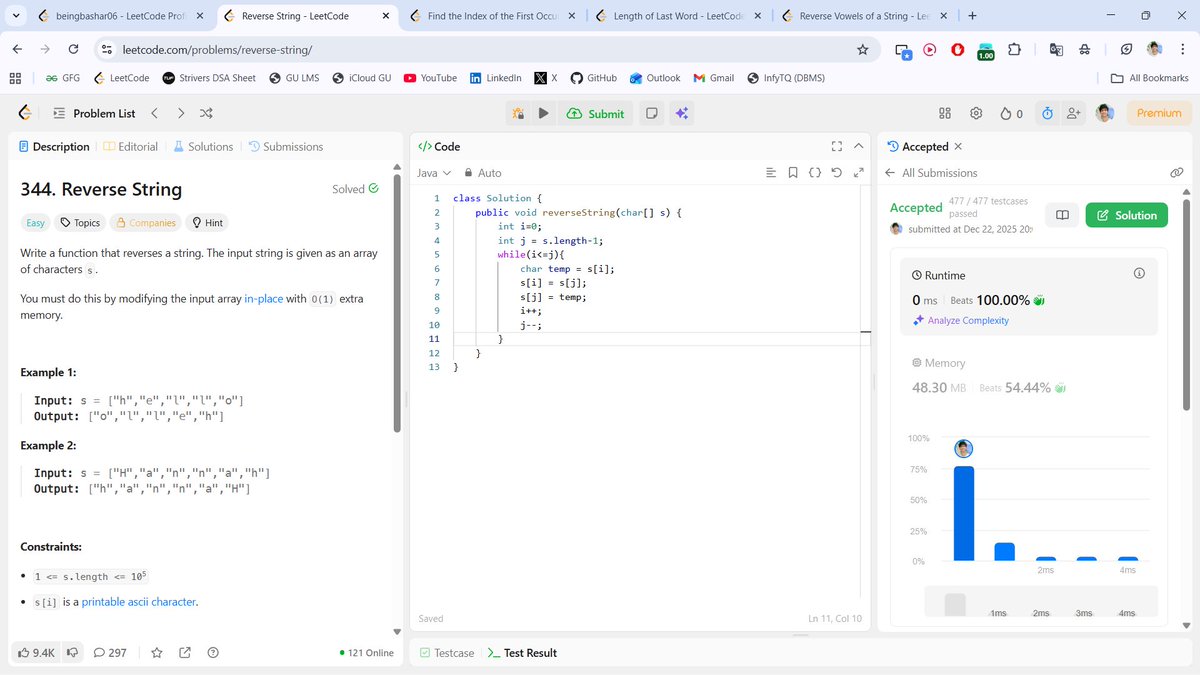 beingbashar06's tweet image. 🚀 #Day12 of #100DaysOfCodeChallenge

Today was all about strings &amp;amp; pointers small problems, sharp logic.

• Reverse String 
• Reverse Vowels checks
• Length of Last Word
• First Occurrence in String 

Day 12 done ✅
Still consistent. Still learning. 🚀
#100DaysOfCode #DSA