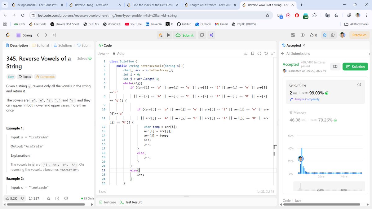beingbashar06's tweet image. 🚀 #Day12 of #100DaysOfCodeChallenge

Today was all about strings &amp;amp; pointers small problems, sharp logic.

• Reverse String 
• Reverse Vowels checks
• Length of Last Word
• First Occurrence in String 

Day 12 done ✅
Still consistent. Still learning. 🚀
#100DaysOfCode #DSA