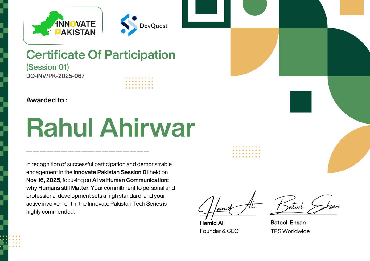 Mastermind076's tweet photo. 🎓 Proud to Receive Certificate of Participation – Innovate Pakistan | DevQuest (Session 01) https://t.co/LVU2o7c6yR