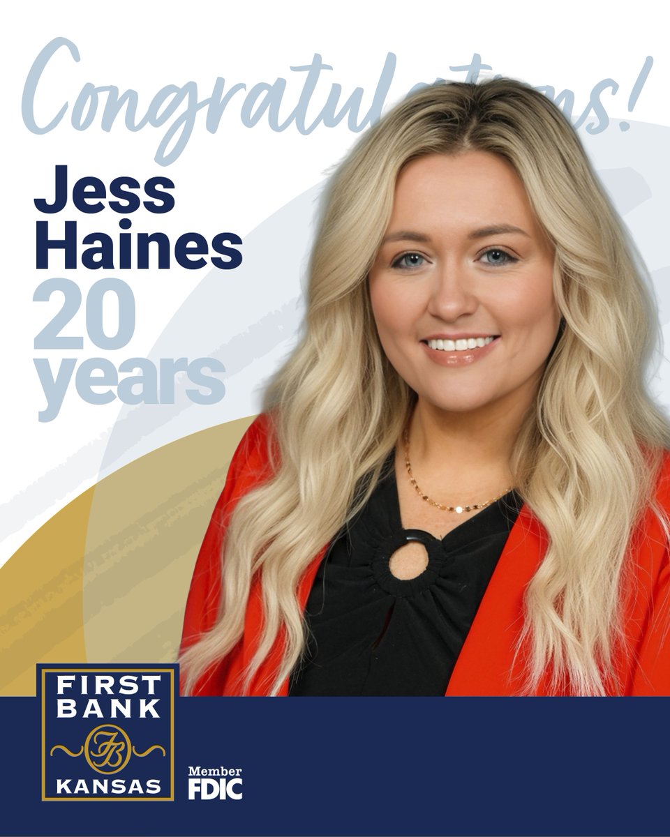 FirstBankKansas's tweet image. Congratulations to Jessica Haines on 20 years with First Bank Kansas! Jessica's commitment to our mortgage team and her expertise in loan administration have helped countless families achieve their homeownership dreams. Here's to 20 years of making a difference!